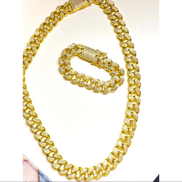 18K Men Cuban Gold Plated Diamond Chain Set Bracelet it will not turn will last - Picture 5 of 7